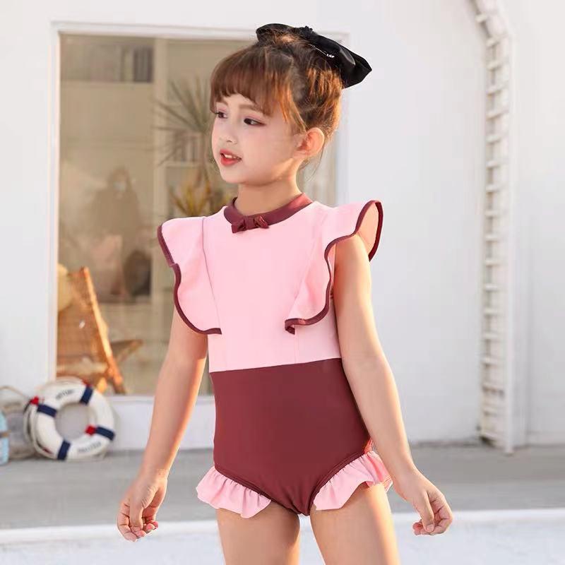 Cute Korean-Style Pink Lace Zipper Swimsuit for Girls