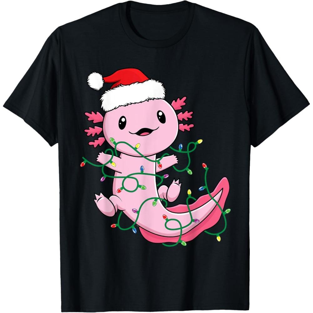 Funny Axolotl Men Unisex Christmas Xmas Lights T-Shirt Trending Street O-neck Printed T-shirt