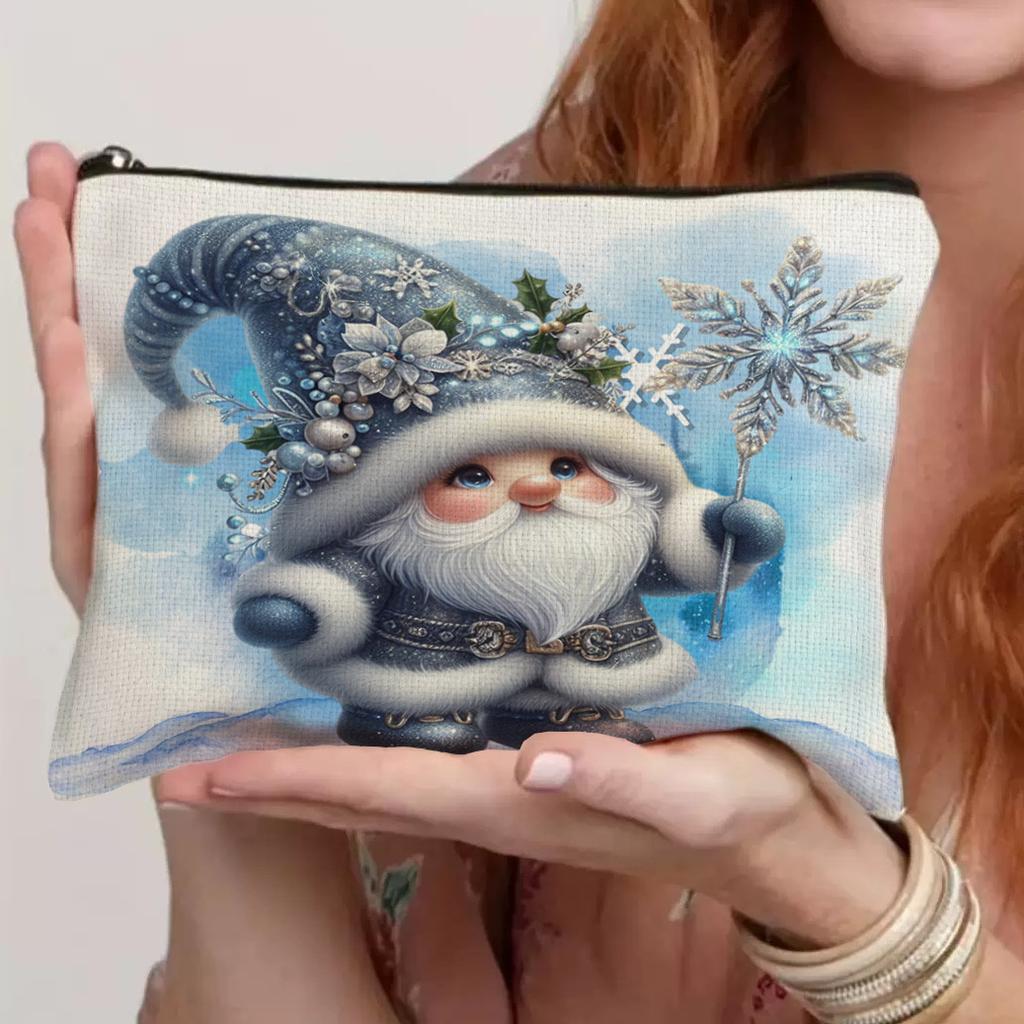 Christmas Gnome Makeup Bag Watercolor Snowflake Pouch Portable Storage Organizer Women Girls Travel Toiletry Bag School Pencil Case Holiday Xmas Gift