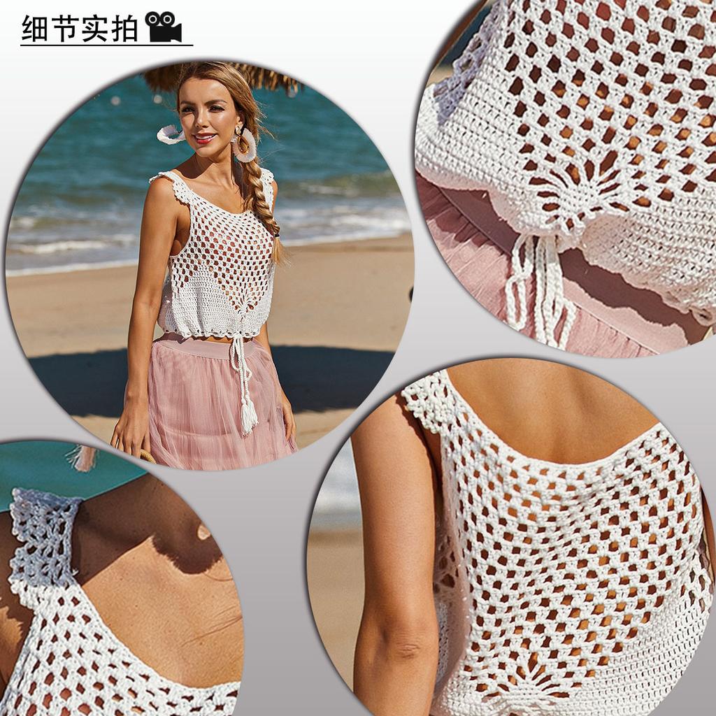 Summer Women's Round Neck Pullover Tank Top Hollowed Out Tie Beach Cover Up