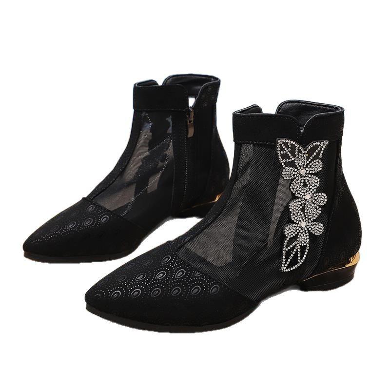 Fashion Luxury Glitter Flower Breathable Mesh Boots Women 2025 Summer Sexy Pointed Toe Low Heel Ankle Boots Side Zip Black Booties