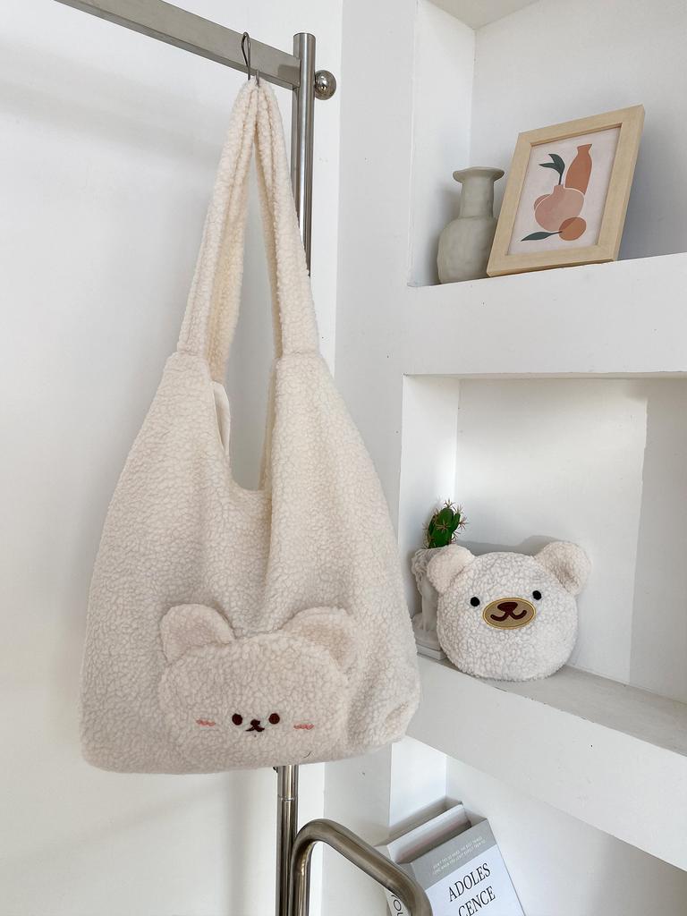 Cute Bear Faux Lamb Wool Women's Shoulder Bag Fall Winter Large Capacity Female Tote Bag Carto Embroidery Ladies Messenger Bag