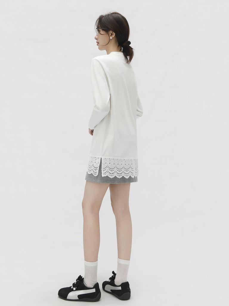 Women's Long Sleeve Lace Hem T-Shirt with Half-High Collar - Loose, Slimming Mid-Length Base Layer