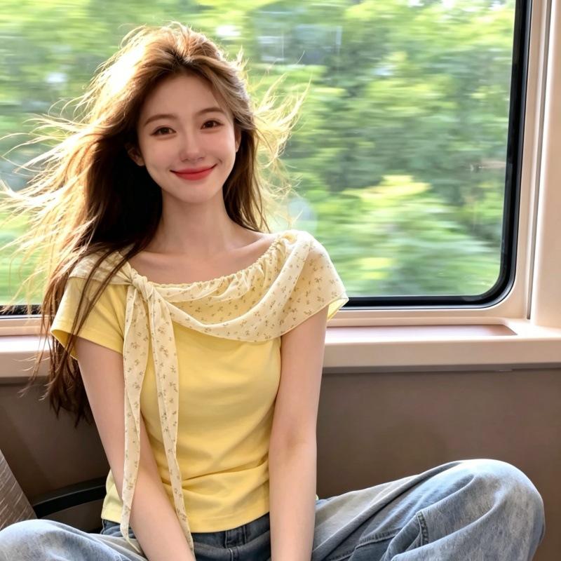 Gentle Wind Floral Mesh Yarn Streamer One-word Collar Temperament Short-sleeved T-shirt Summer Sweet Wind Slim-fitting Beautiful Small Top