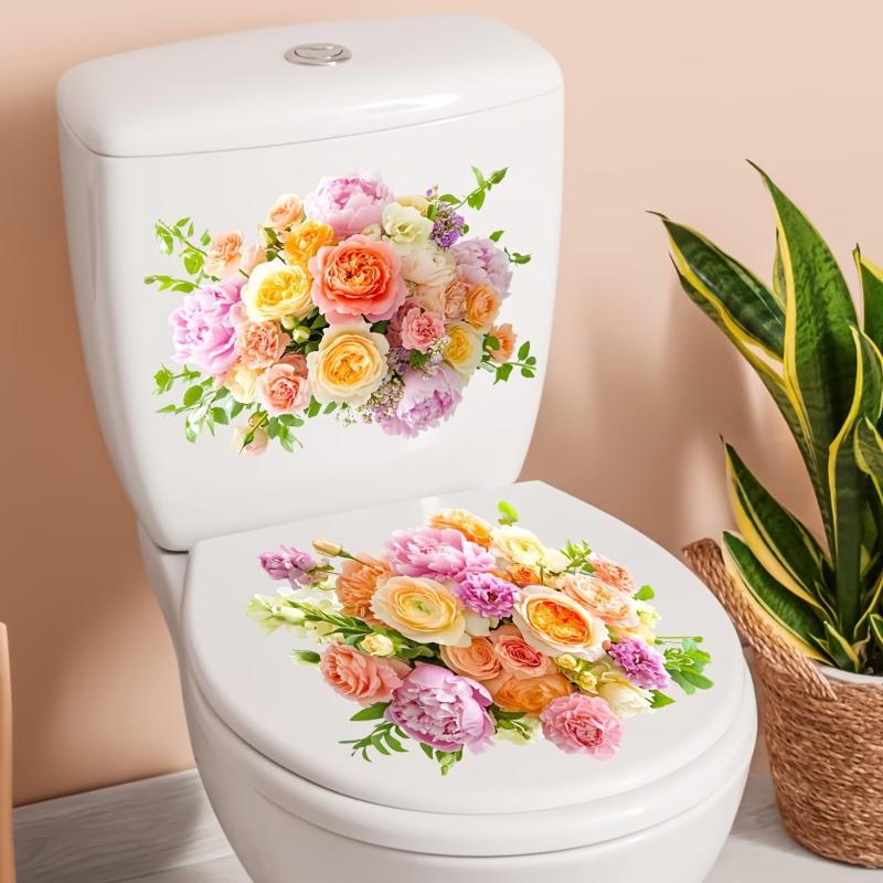 Artistic Colorful Floral Toilet Stickers, Self-Adhesive Removable Toilet Lid Decals For Bathroom Decoration