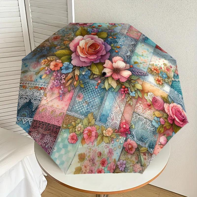 

1pc Floral Patchwork Quilt Design Umbrella with Plastic Handle,Suitable for All Seasons Home Travel Outdoor UmbrellaDD1742