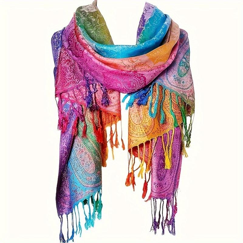 Chic Jacquard Paisley Scarf Bohemian Rainbow Gradient Tassel Shawl Fashionable Warm Wrap for Women s Carnival