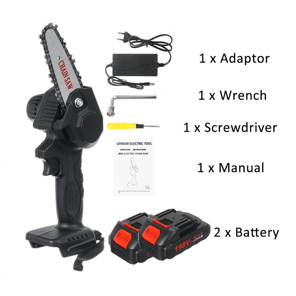 

198VF 1600 Вт Беспроводная автоматическая мини-обрезная цепная пила, электрические бензопилы со съемным аккумулятором, садовый лобзик, деревообрабатывающая бензопила 2x Batteries