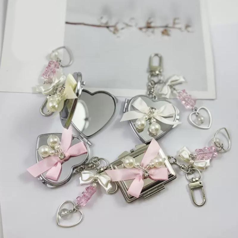 Cute Mirror Keychain Featuring Colorful Bowknot and Heart Design Portable Size Hanging Decoration for Quick Makeup