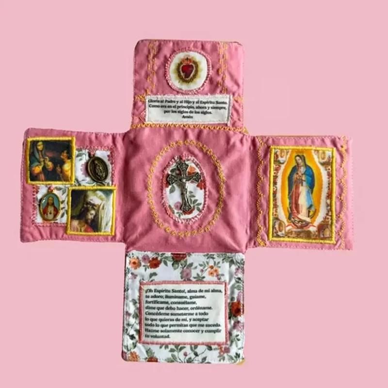 Handcrafted Pocket Shrine with Cross Included Inside,Faith Cross-Shaped Fabric Pouch Sewing Pocket with Saint Images Prayers