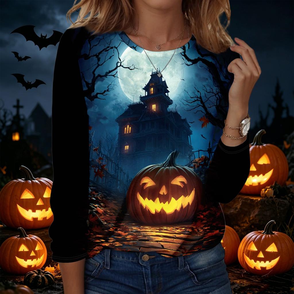 Women's Halloween Print Pullover Sweatshirt Long Sleeve Crew Neck Casual Top Lightweight Soft Fabric Comfortable Fit