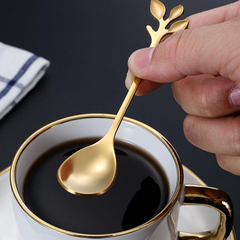6PCS/Set Stainless Steel Gold Leaf Coffee Spoon 16.4cm Ice-Cream Tea Stirring Spoons for Tea, Coffee