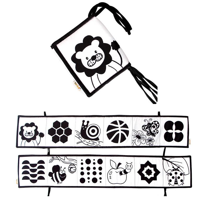 Baby Sensorisches Spielzeug Stoffbuch Neugeborenen Bettaufkleber Krippenstoßstange Schwarz und Weiß Tiergeschichte Ruhige Bücher Montessori Kind Säuglingsbuch