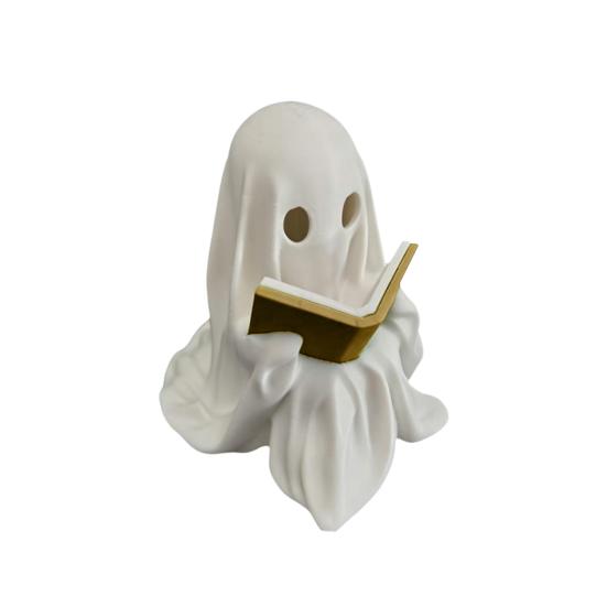 Cute Ghost Reading Book Figurine Small LED Lighted Halloween Ghost