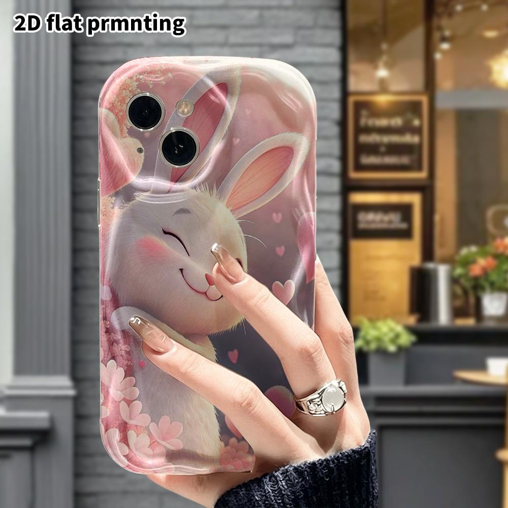 Phone Case: 2D Flat Design Suitable for iPhone 18 17 16 15 14 13 Pro Protective Case, Cherry Blossom Winking White Rabbit, Perfect Christmas and Hallo