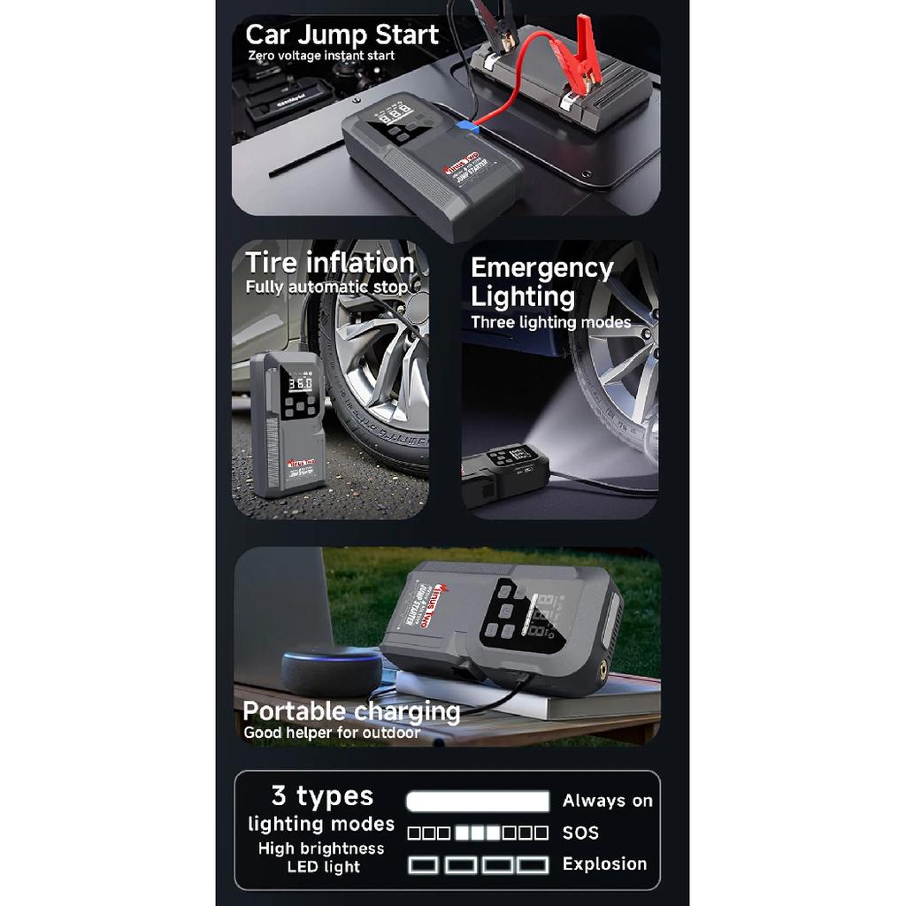 4-IN-1 Emergency Jump Starter 1000A, Car Battery Booster Power Bank with USB Quick Charge & LED Flashlight Auto Kit.