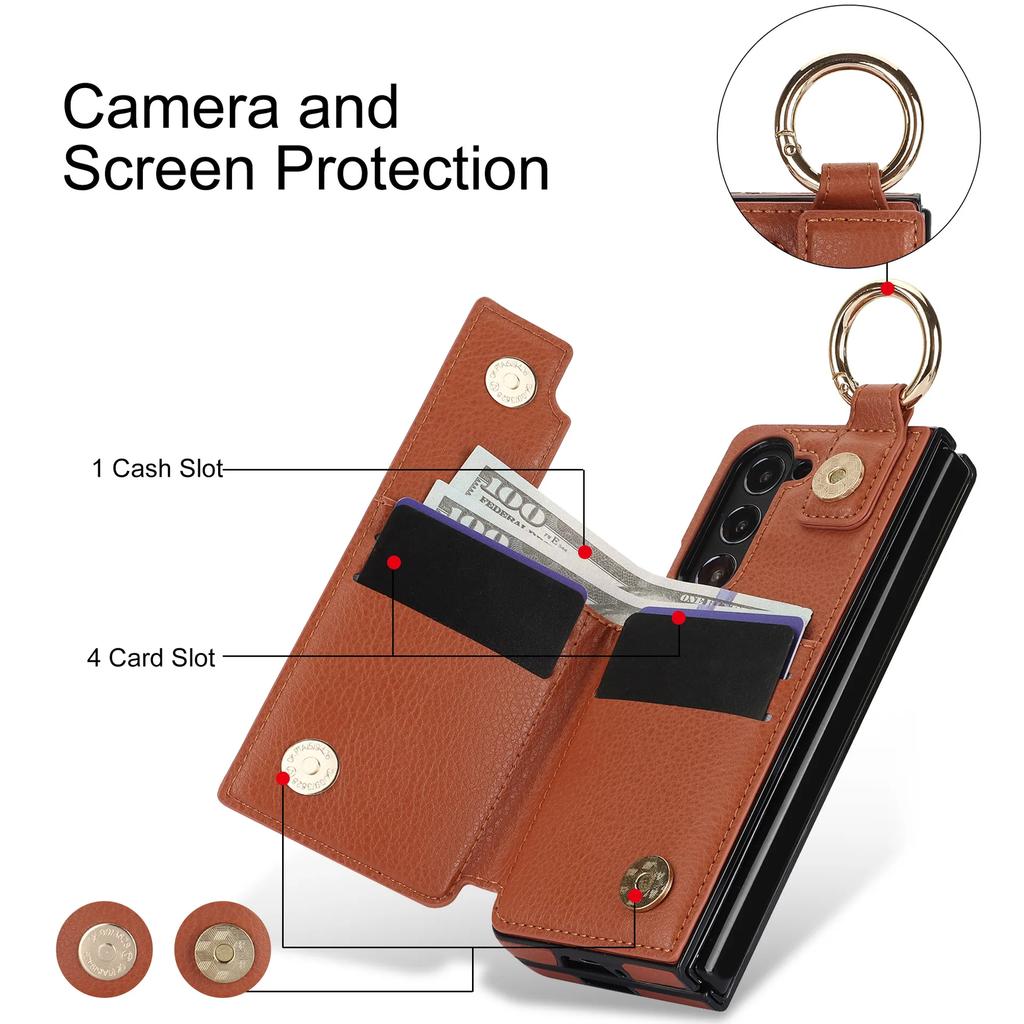 PU Leather Phone Case for Samsung Galaxy Z Fold 7 6 5 4 3 Wallet with Ring Card Holder (no Pen)