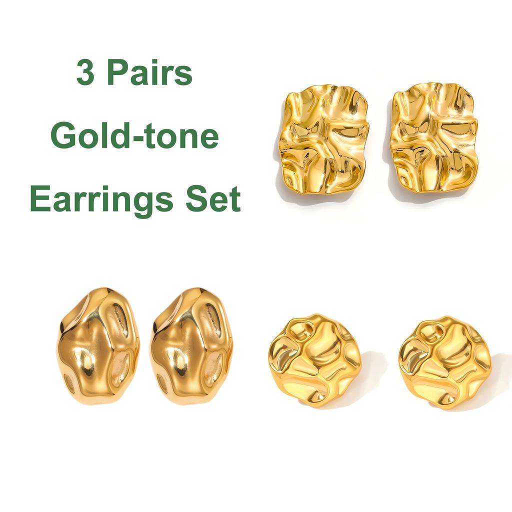 Round Irregular Stone-Shaped Pleated Gold Stainless Steel Stud Earrings for Women Vintage Korean Design Studs Jewelry Set