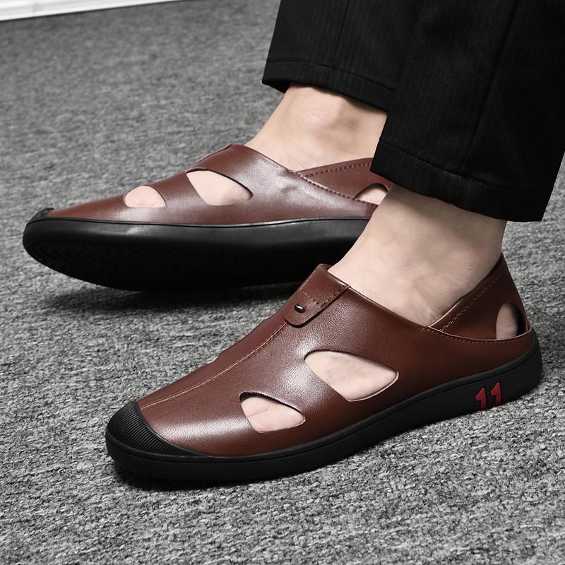 Brand Men's Fashion Cowhide Breathable Casual Headed Sandals Summer Outdoor Lightweight Hollow Soft Sole Casual Leather Shoes