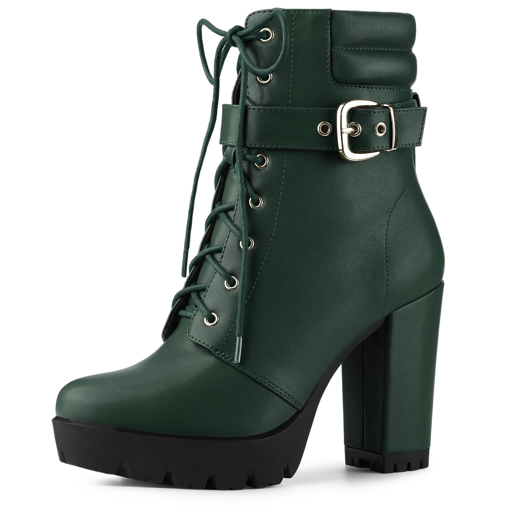 

Allegra K Women s Buckle Lace-Up Ankle Boots with Platform Block Heels, Dark Green, Size 23.5cm