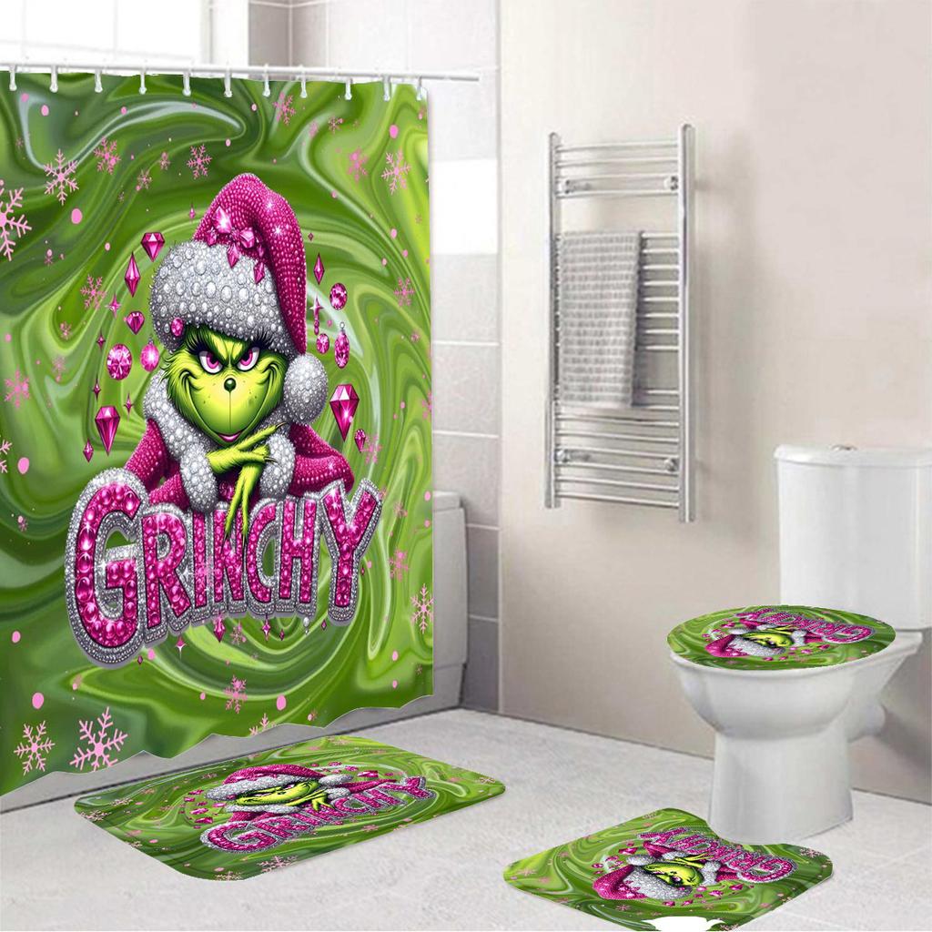 Temu Bathroom Three-Piece Set, Green-Haired Grinch Pattern Bathroom Non-Slip Mat, U-Pad And Shower Curtain Set