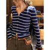 Women's Slim Fit Korean V-Neck Striped Knit Cardigan – Early Autumn Retro Style Sweater