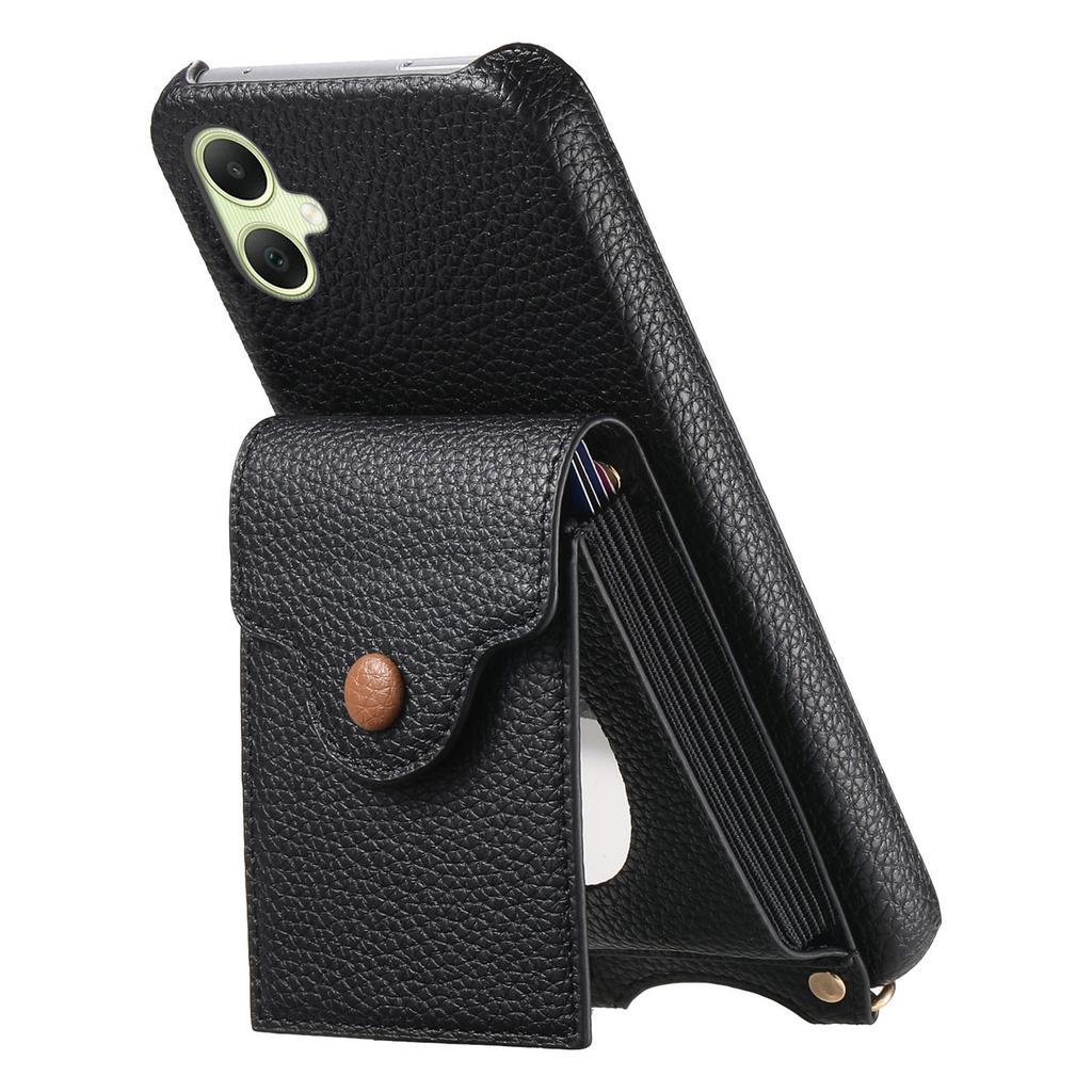 For Samsung Galaxy A06 5G/Galaxy A06 4G Case Mirror Card Holder Litchi Texture Leather Phone Back Cover with Long Strap