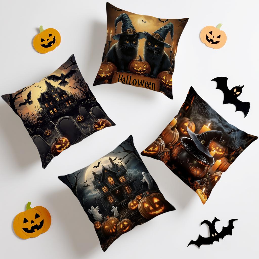 Halloween Black Cat Witch Hat Cushions Pillowcase Polyester Cushion Cover Throw Pillow Sofa Decoration Pillowcover Home Decor