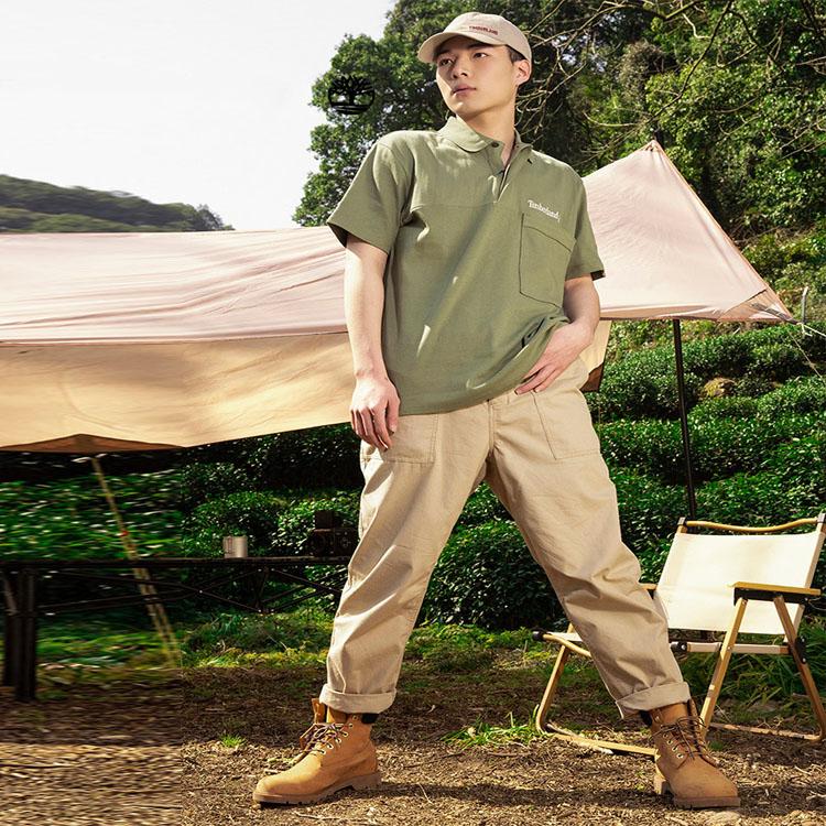 Timberland Letter Logo Embroidered Split Hem Design Short Sleeve Polo Shirt Men Polo Shirts Cassel-Green A6SJE-590