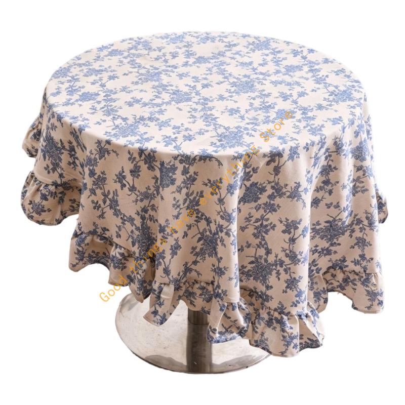 150cm/180cm French Cotton Linen Tablecloth With Ruffled Trim For Round Tables Washable Floral Pattern Table Cover 55KF