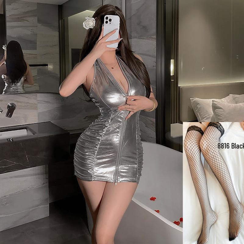 Flirty Plus Size Halter V-Neck Backless Silver Zipper Bodycon Mini Dress for Women