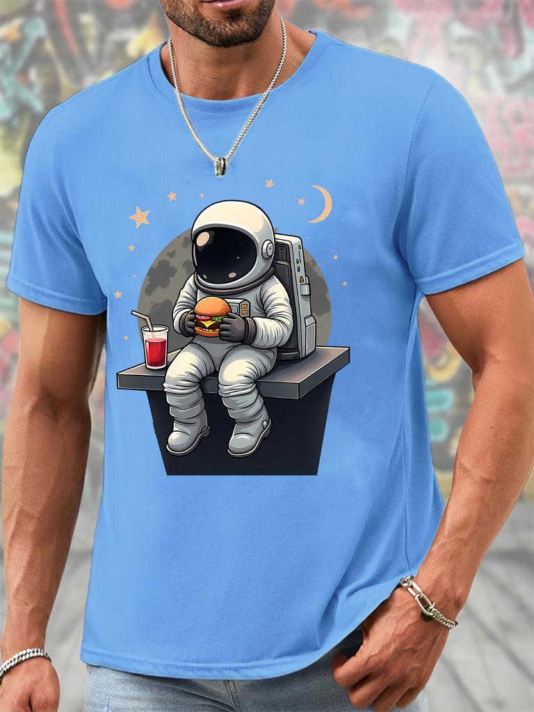 Unisex O Neck Tee Astronaut Burger Cartoon Print Cotton Short Sleeve Loose Summer Street Breathable Daily Casual Basic Wear Top