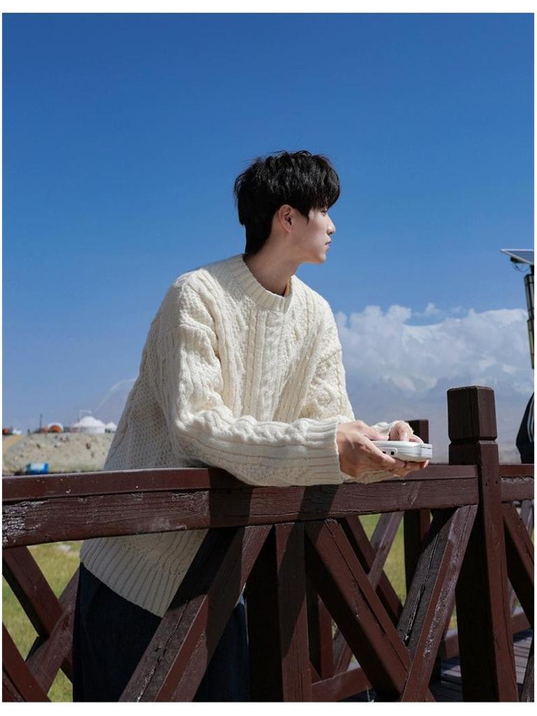 Men's Japanese Retro Hong Kong Literary Knit Sweater - Twisted Pattern, Round Neck, Autumn Casual