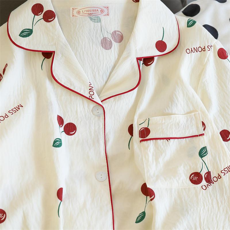 Cherries Print Two Pieces Pajamas Set Autumn Faux Cotton Pajamas Fashion Home Clothes Ladies Pants and Top Set Pijamas