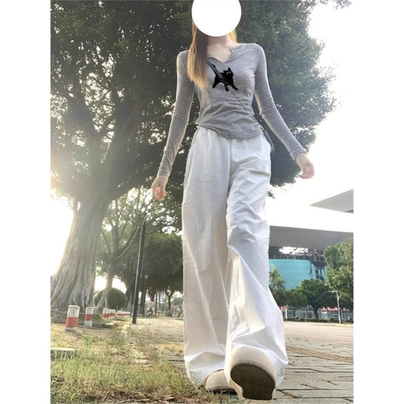 

Женская облегающая футболка с длинным рукавом и U-образным вырезом - Осенний стиль чистого желания S серый