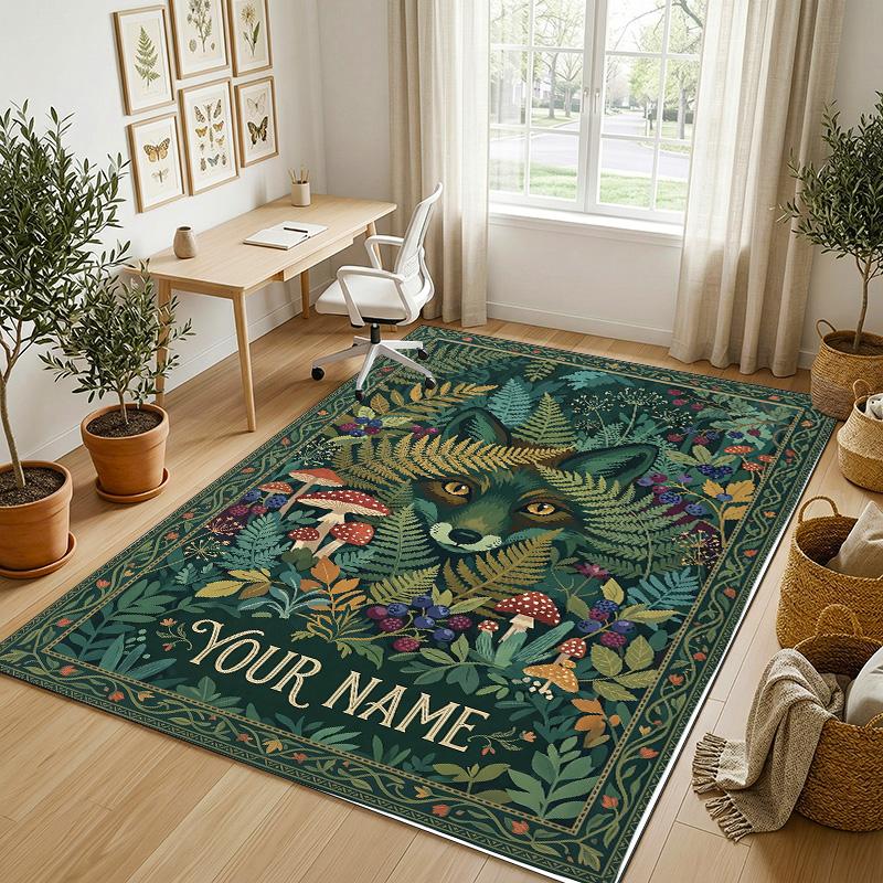 Forest Fox Theme Soft Crystal Velvet Rug Custom Name & Text Print Non Slip Floor Rug for Bedroom Living Room