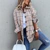 Dámské ležérní volný, volný dlouhý rukáv, jednořadý kostkovaný dlouhý kabát na knoflíky