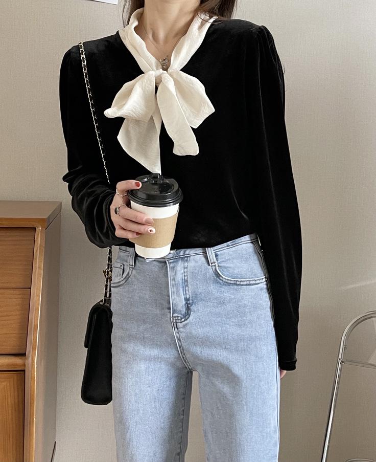 Oranžová Zhi Dámská Vintage Francouzská Sametová Halenka - Kolekce Podzim 2024