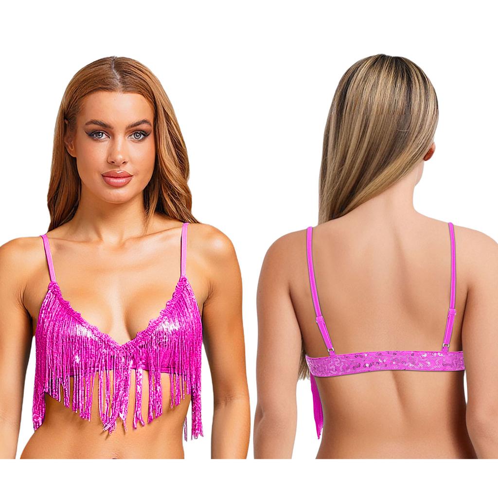 Womens Shiny Sequin Tassel Bra Tops Swing Sequin Fringe No-pad Wireless Bralette Bra Clubwear Dancewear for Belly Dance Disco