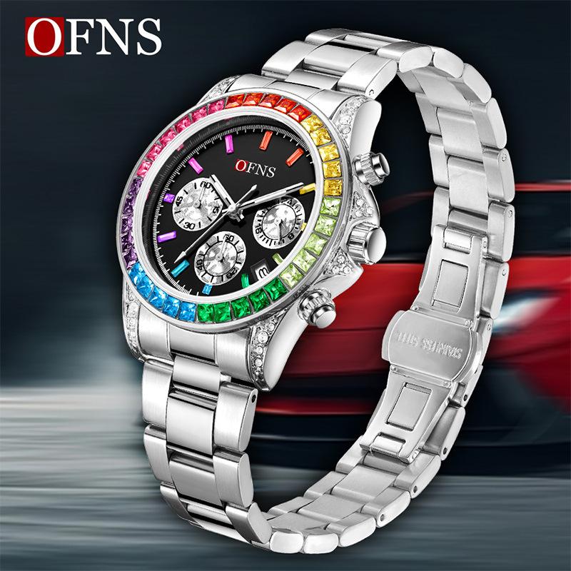 Quartz Luxury Mens Round Imitation Color Diamond Watches Movement Waterproof Men Wristwatches Week Display Male Clock