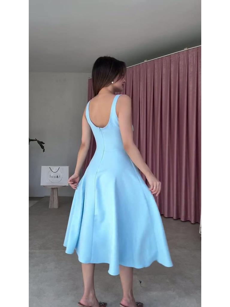 2025 Summer Women's French-Style Sleeveless Backless Mid-Length Dress