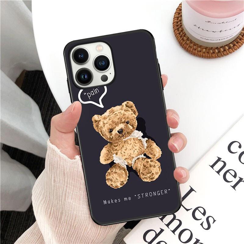 Cartoon Teddy Bear Phone Case for iPhone 14 13 12 11 Pro MAX X XS Max XR Mini SE2022 6S 7 8 Plus Black Case