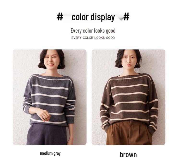Women's One-Shoulder Cashmere Sweater: Black & White Striped, Round Neck, Long Sleeve, Casual, Loose-Fit, Skin-Friendly, Versatile for Autumn/Winter