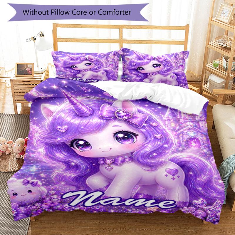 3pcs Custom Name Unicorn Bedding Set Duvet Cover Closure Includes 1 Duvet Cover & 2 Pillowcases, Soft and Comfortable for All Seasons.