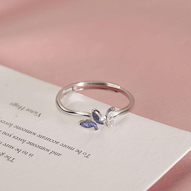 Ladies Adjustable Zircon Blue Butterfly Open Rings Jewelry