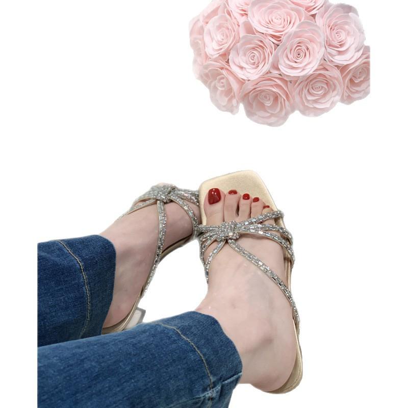 New rhinestone open-toed square head thick heel cool slippers women's shoes high-heeled sandals cover toe slippers