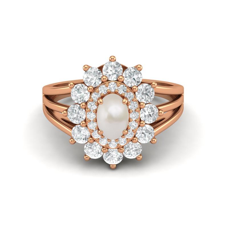 6X4MM Oval Pearl Gemstone 925 Sterling Silver Rose Plated Halo Split Shank Ring