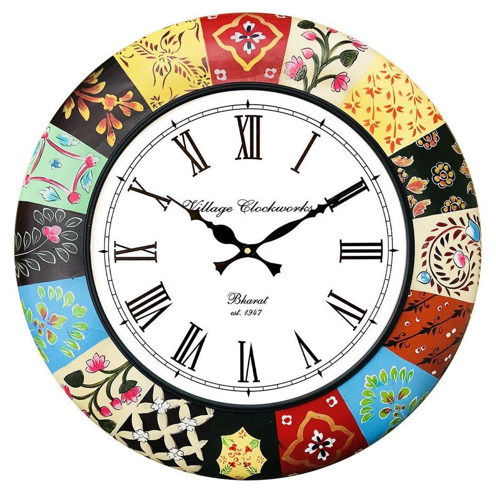 Analoge Wanduhr aus Holz | Mehrfarbig handbemalt | Große dekorative Uhr für Wohnzimmer, Flur | Ideal für & Heimdekoration | Uhrgröße - 16 Zoll
