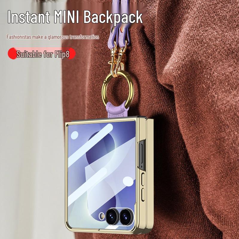 Samsung Z Flip 8 Electroplated Retro Leather Case with Lanyard and Ring Holder