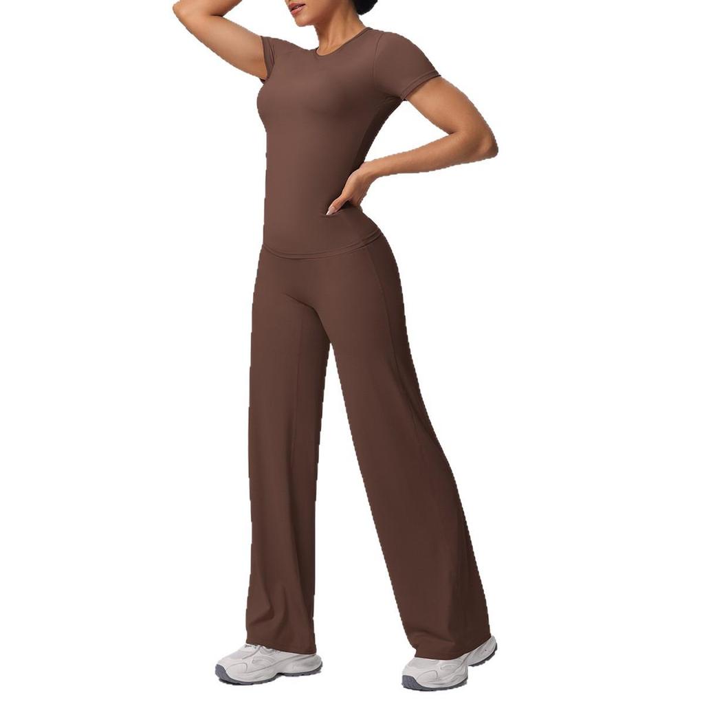 Tvådelad Enfärgad Yoga-dräkt: Dubbelsidig borstad långärmad topp med vida byxor för träning, löpning och fitness